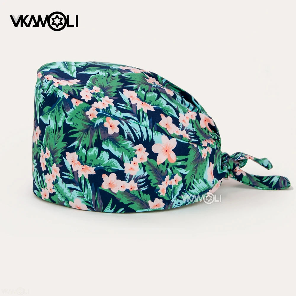 Adjustable Cotton Flower Print Scrub Caps for Women and Men