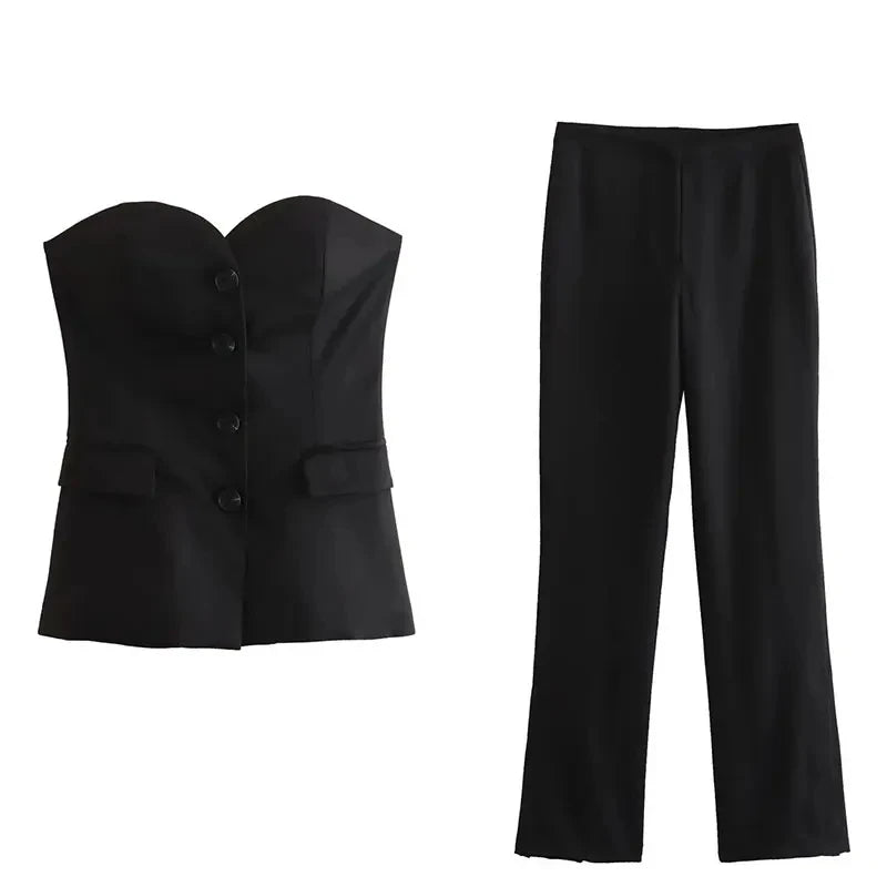HH Women Solid Pant Suit Strapless Tank Tops and Slit Trousers