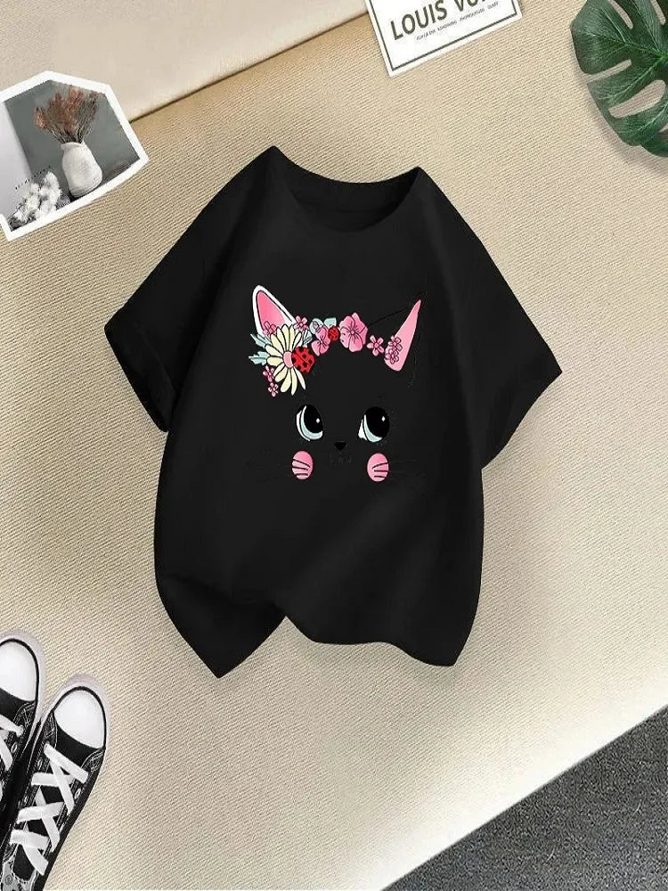 Girls Summer Short Sleeve T-shirt in Cartoon Style