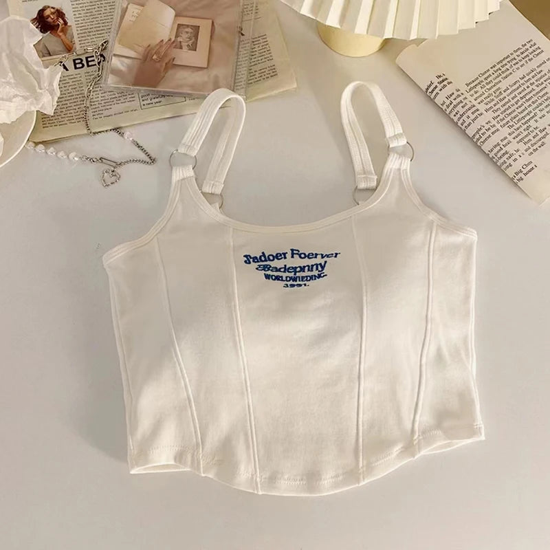 Y2K Women White Crop Top with Irregular Hem and Pad