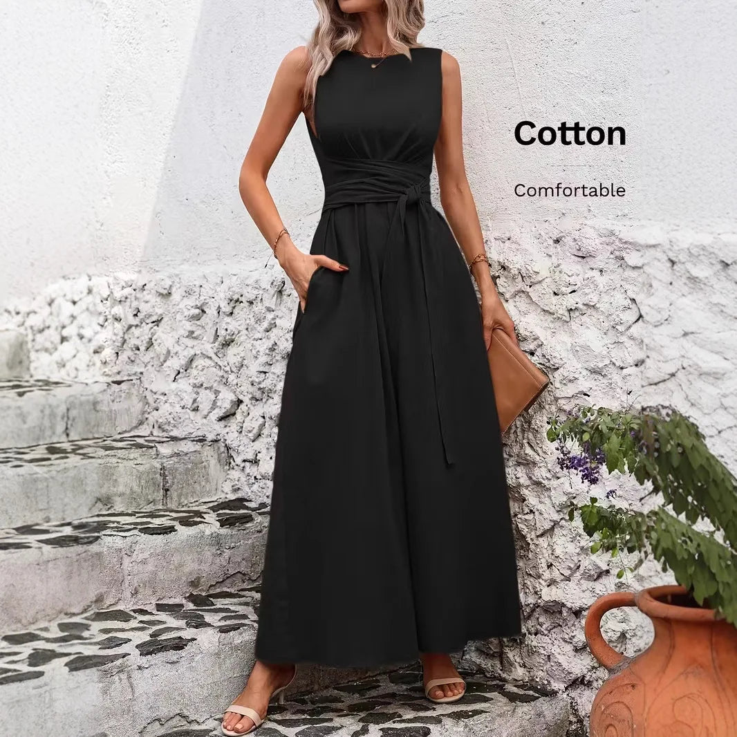 Elegant A-Line Midi Dress for Women in Solid Color