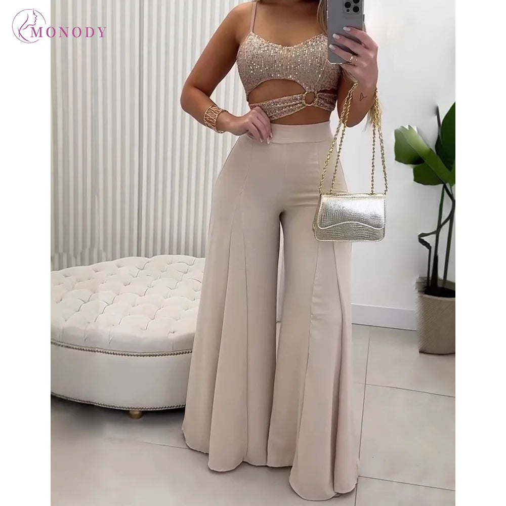 MALEY LifeStyle Women's Casual 2 Piece Outfit with Wide Leg Pants