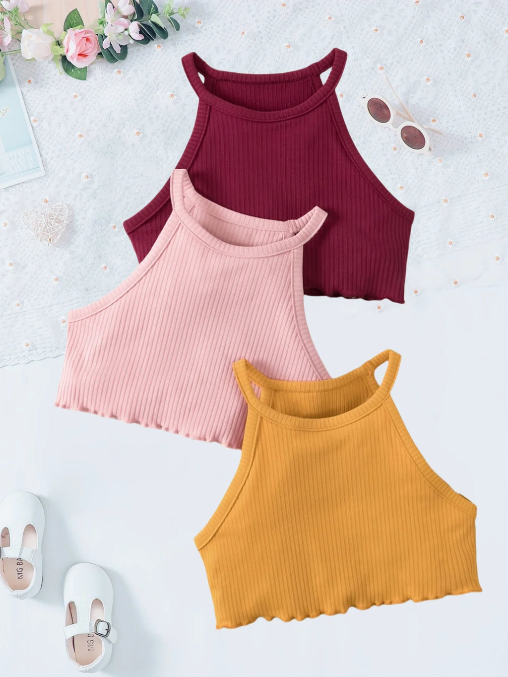 Multi-Color Ribbed Sleeveless Tops for Girls in Summer