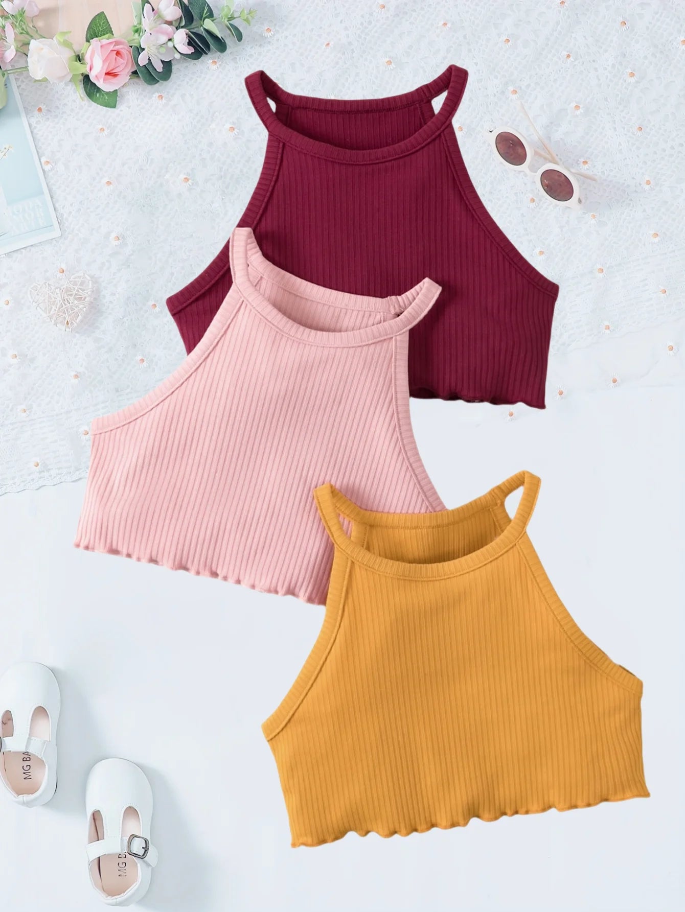 Multi-Color Ribbed Sleeveless Tops for Girls in Summer