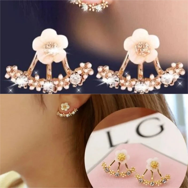 Trendy Women's Flower Stud Earrings in Metal with Zircon
