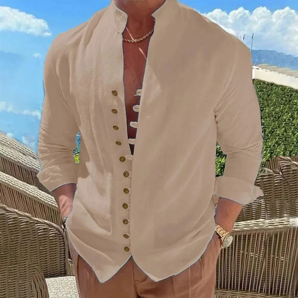 Casual Cotton Linen Shirt for Men in Solid Color