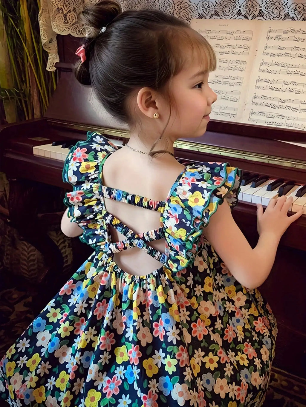 Girls' A-Line Mid-Length Dress with Ruffle Sleeves