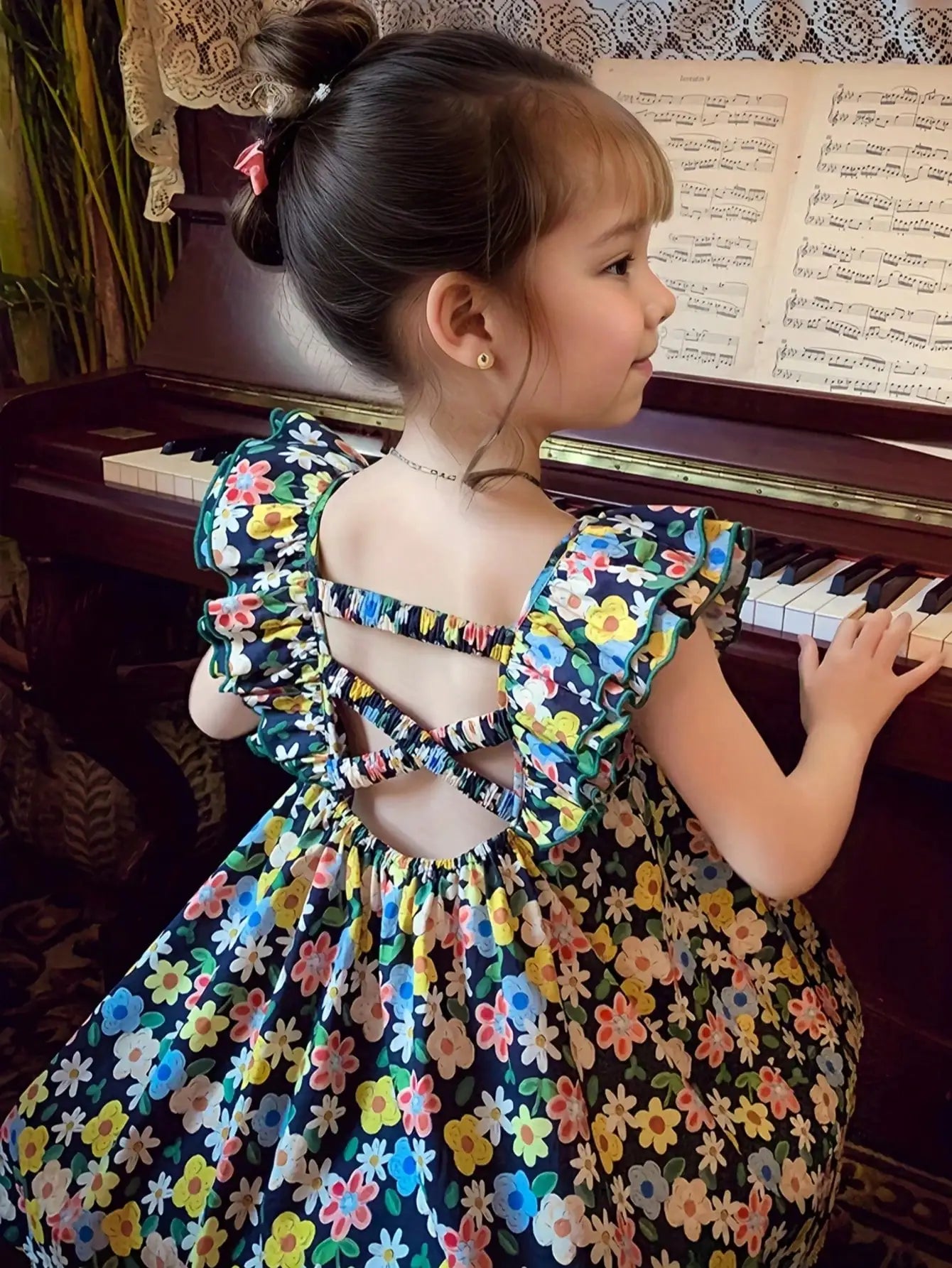 Girls' A-Line Mid-Length Dress with Ruffle Sleeves