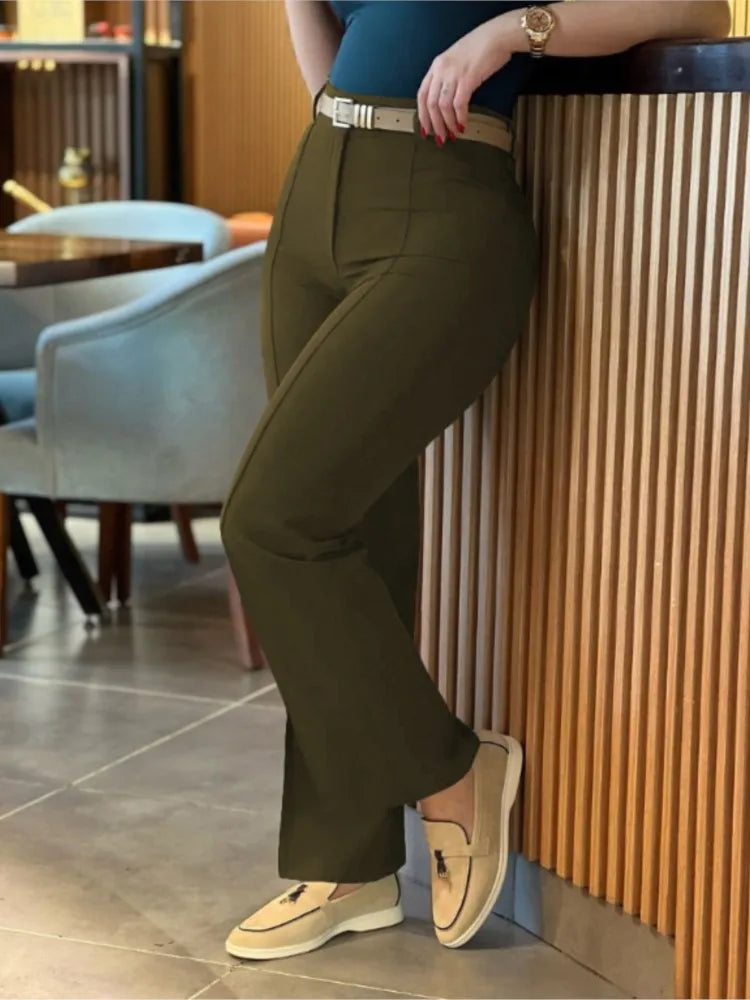 Elegant High Waist Straight Leg Women's Work Pants Polyester
