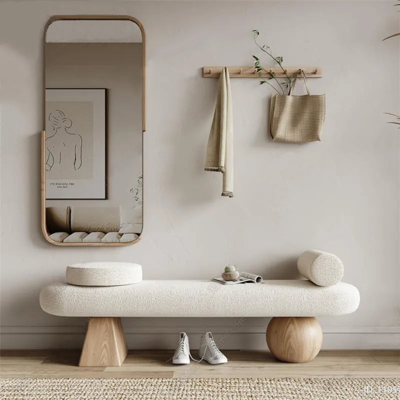 Modern White Cream Lounge Bench with Teddy Boucle Fabric