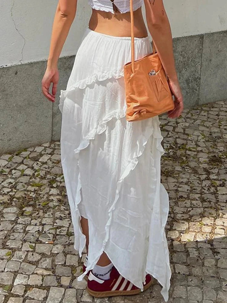 Chic Women's White Ruffled Skirt in Cotton and Polyester