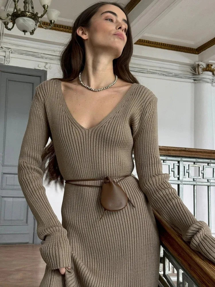 Elegant Brown Knitted Dress for Women with V Neck