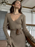 Elegant Brown Knitted Dress for Women with V Neck