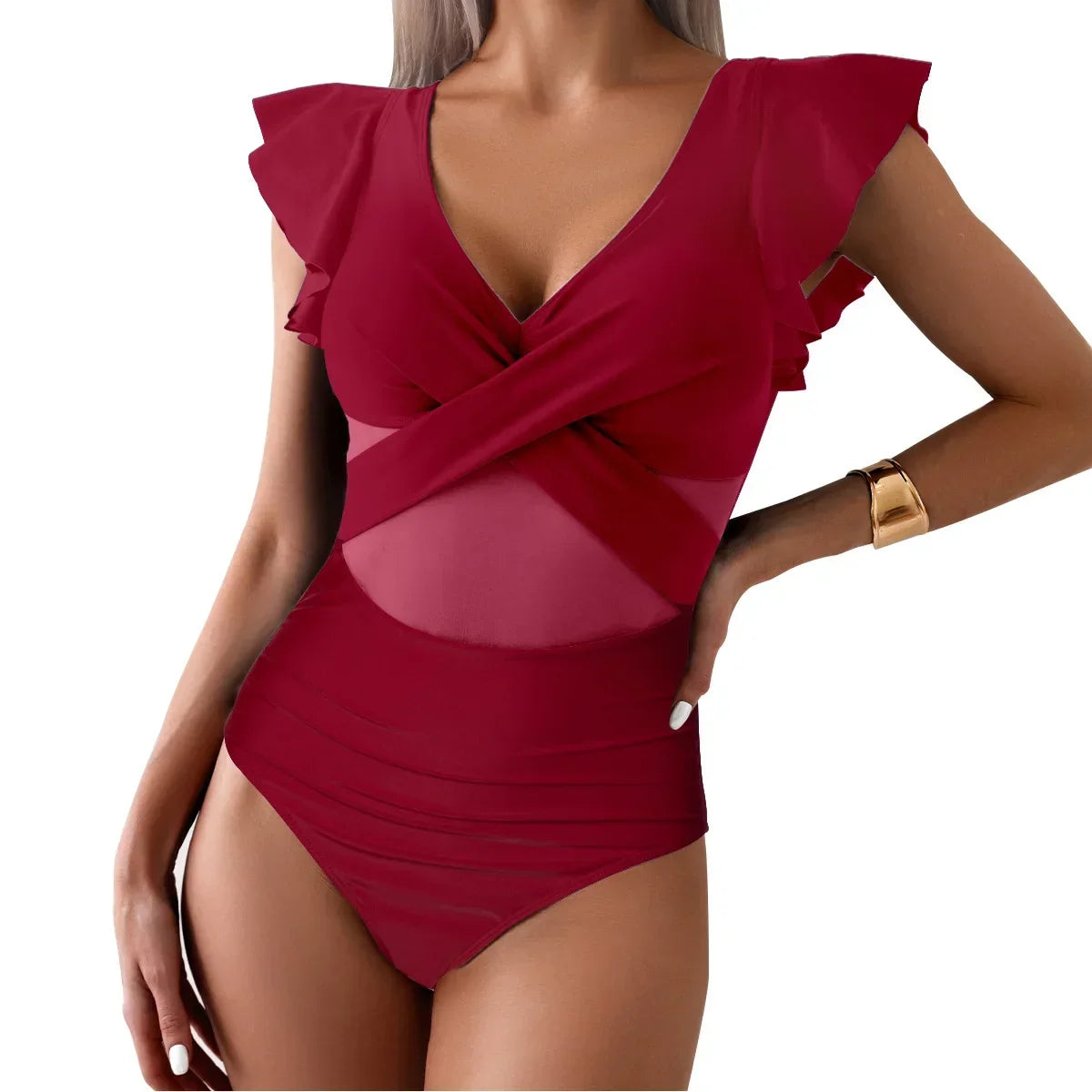 V Neck Tummy Control Women's Bikini Swimsuit with Ruffles