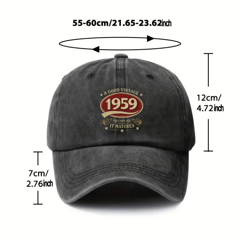 A Water-Washed Hat, Featuring The Phrase 'A GOOD VINTAGE 1959 DOES NOT AGE IT MATURES', Is an Essential Baseball Cap for Men on