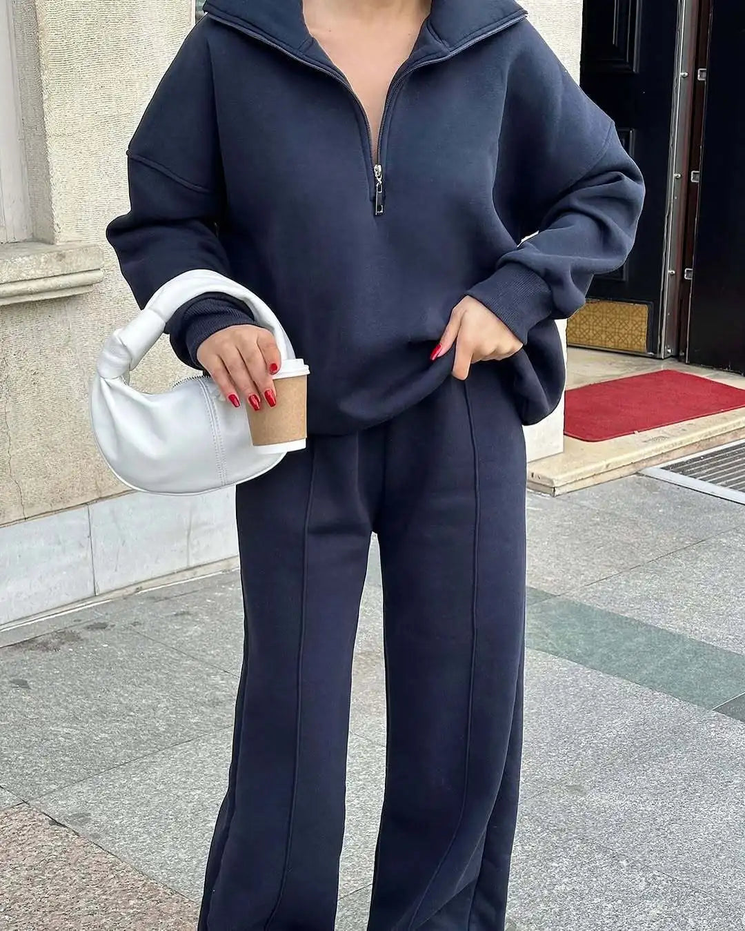 Solid Color Pullover Sweatshirt and Trousers Set for Women
