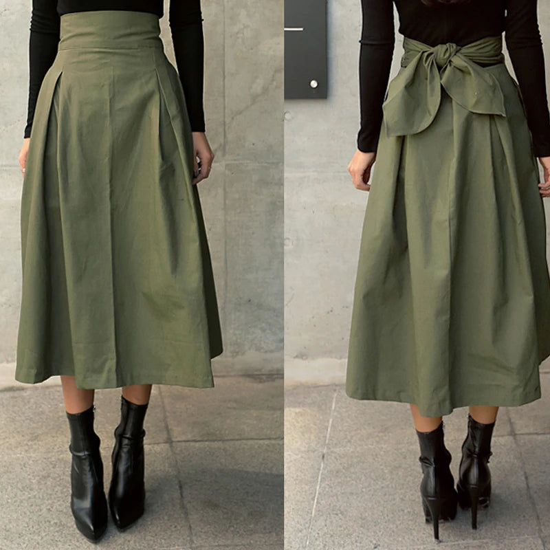 Long A-Line Skirt for Women in Solid Color with Bow Detail