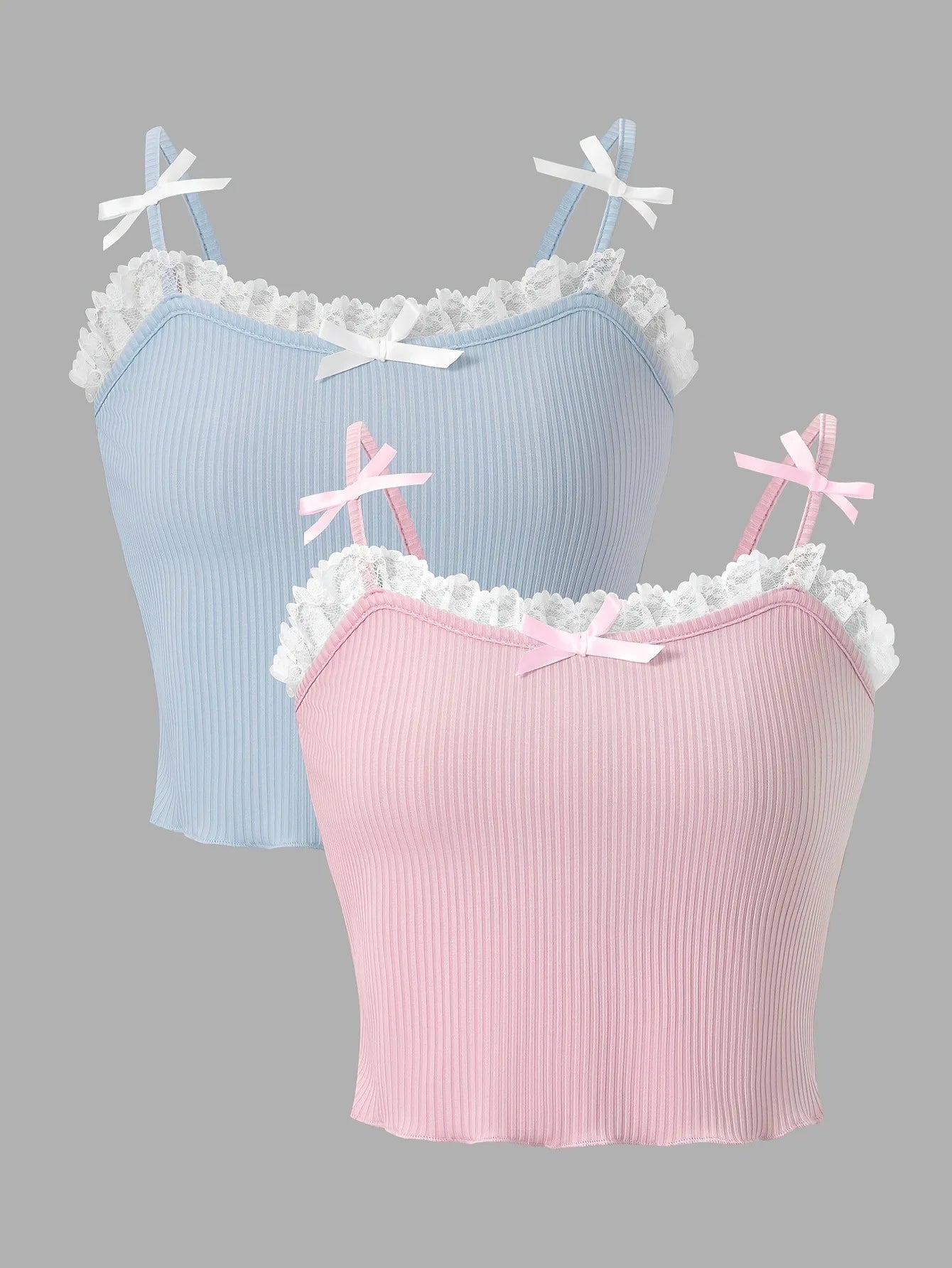 Girls Ribbed Cami Crop Tops with Lace Trim and Bow Detail
