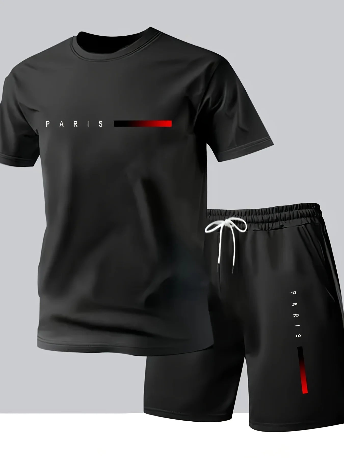 Men's Summer T-Shirt and Shorts Set Casual Relaxed Fit Sporty Crew Neck Short-Sleeve T-Shirt Paris Letter Print Two-Piece Set