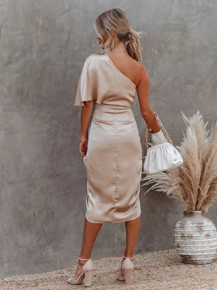Asymmetrical Black Satin Summer Dress for Women