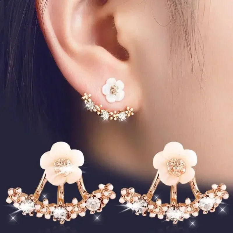 Trendy Women's Flower Stud Earrings in Metal with Zircon