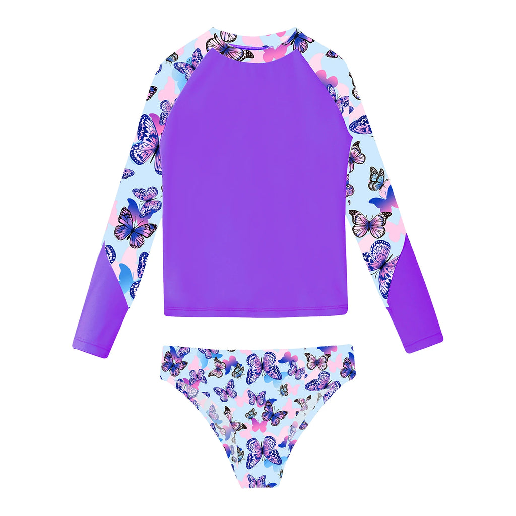 Kids Girls Long Sleeve Print Swimwear with Briefs for Beach