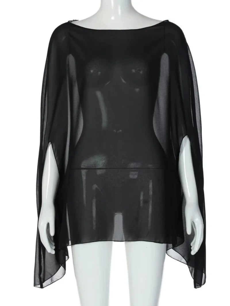 Elegant See-through Chiffon Blouse in Solid Colors for Women