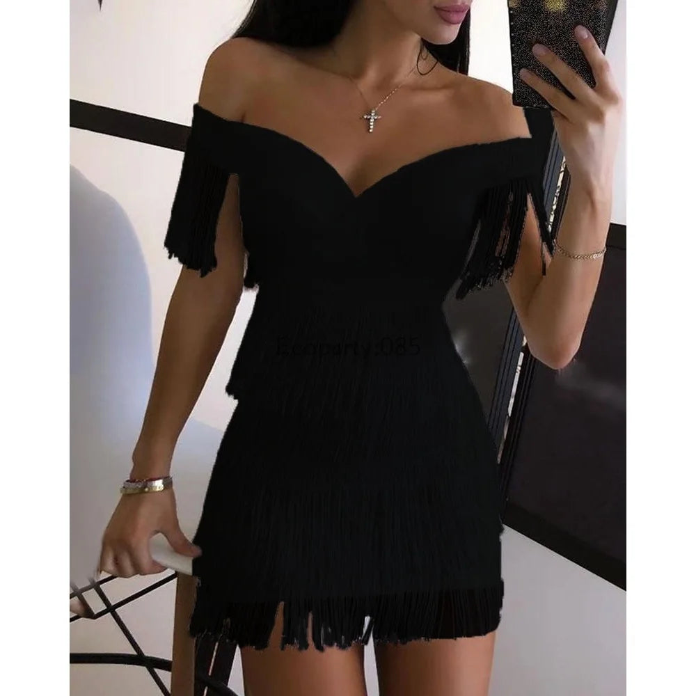 Elegant One-shoulder Fringed Skirt Dress for Women