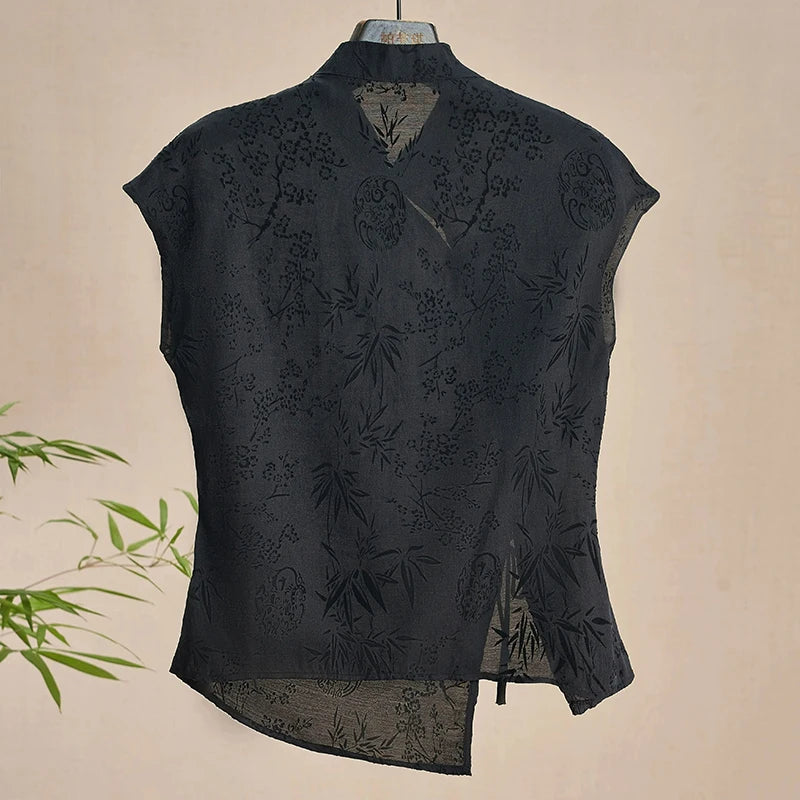 Black Jacquard Chinese Style Cheongsam Top for Women
