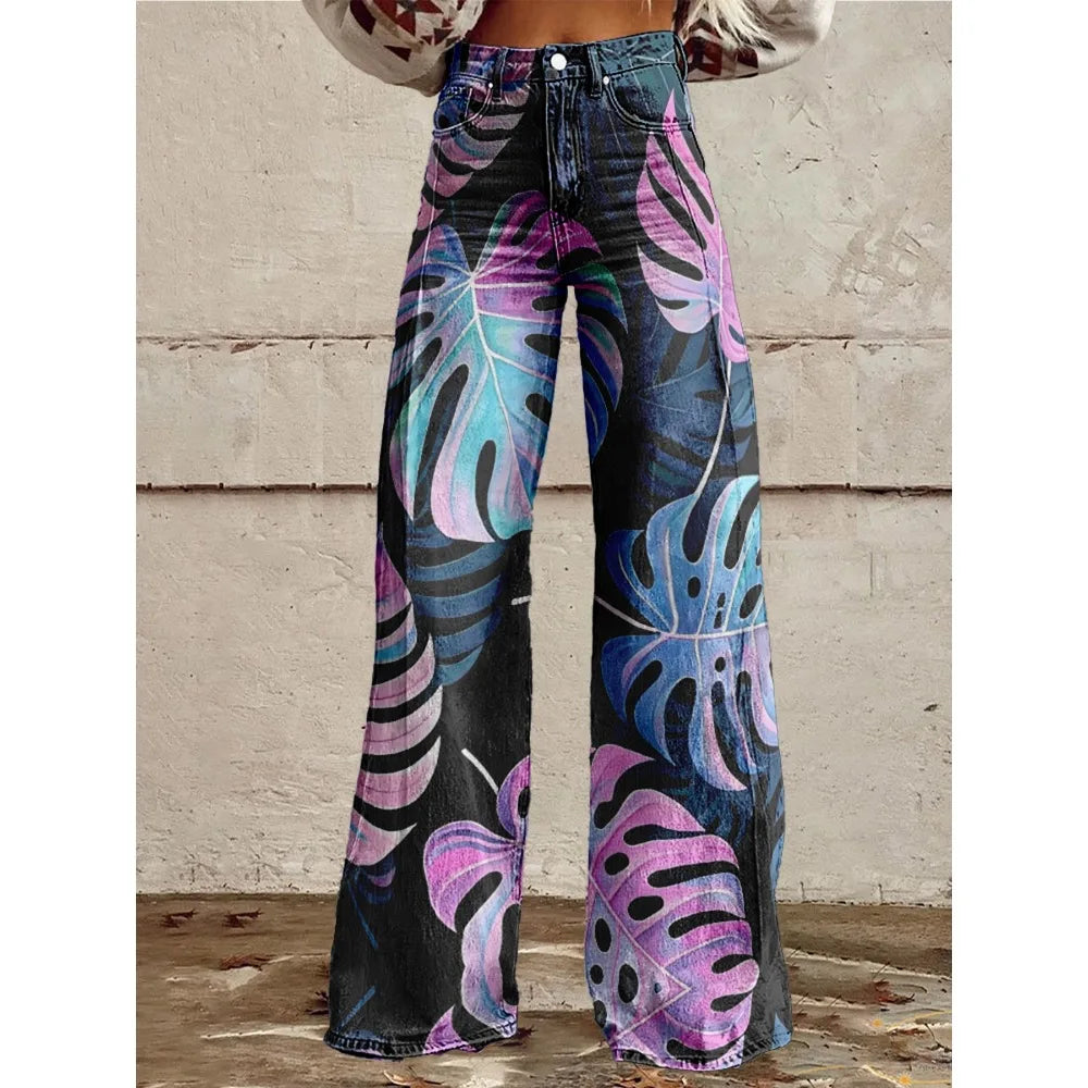 Colorful Tropical Leaf Print Wide Leg Pants for Women