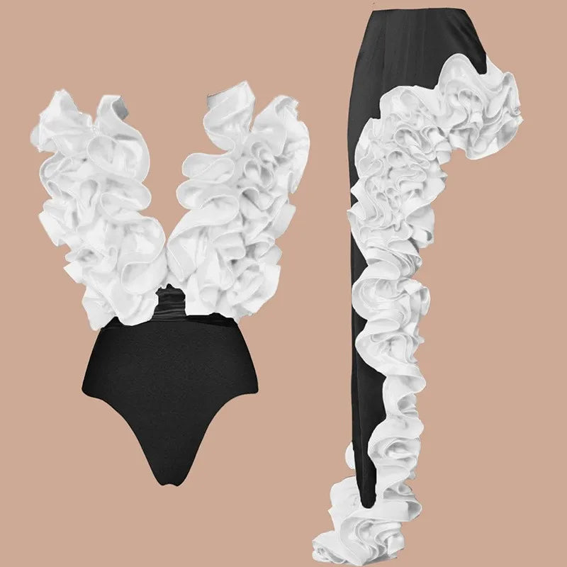 Ruffle Print Bikini Bodysuit Swimwear for Women