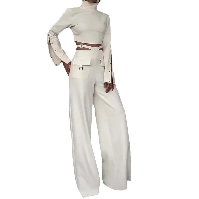 Elegant Women Turtleneck Pant Set with Wide Leg Pants