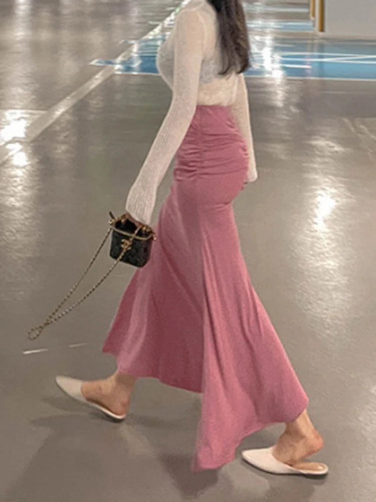 Elegant Pink A-Line Midi Skirt for Women in Satin