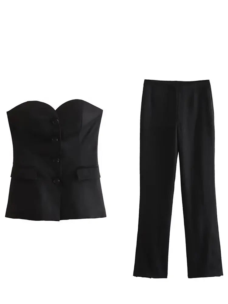 HH Women Solid Pant Suit Strapless Tank Tops and Slit Trousers