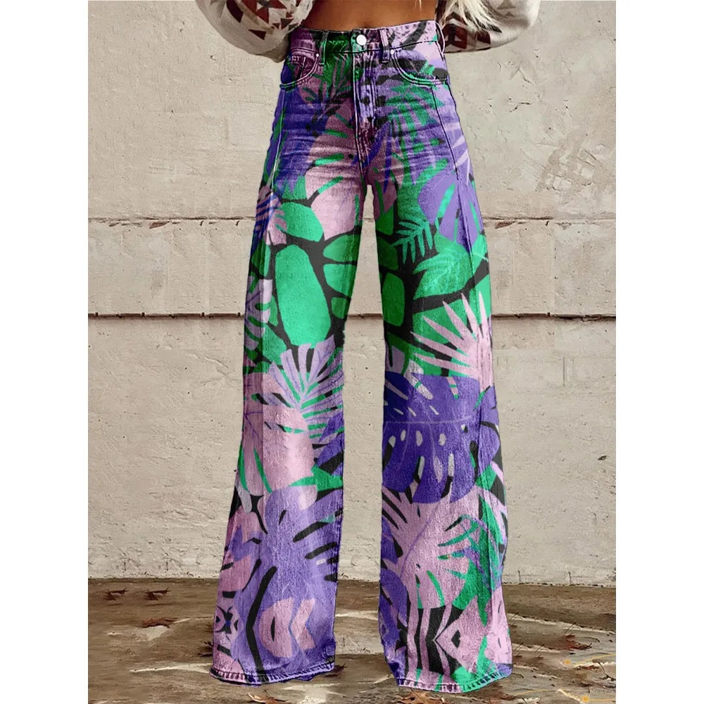 Colorful Tropical Leaf Print Wide Leg Pants for Women