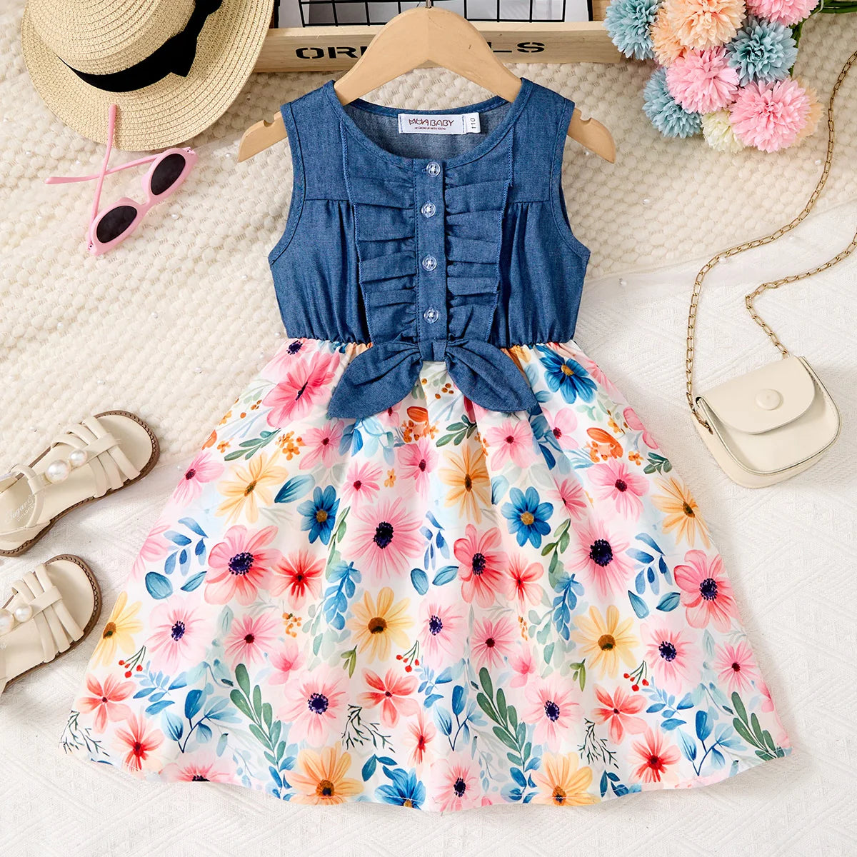 Denim Print Casual Dress for Girls with Bow and Ruffled Sleeves