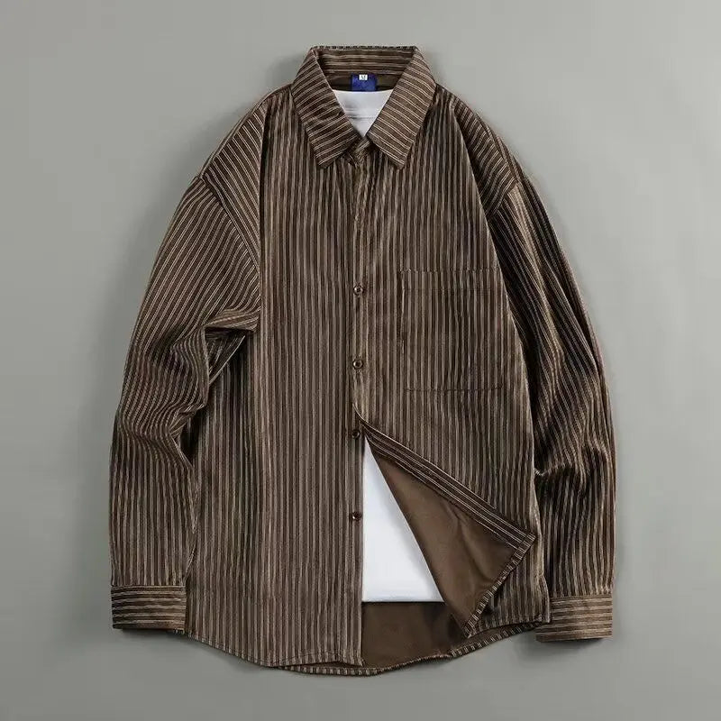 Retro Japanese Style Casual Loose Fit Corduroy Color Block Striped Long Sleeve Men's Shirt Autumn New Arrival Fashion Top