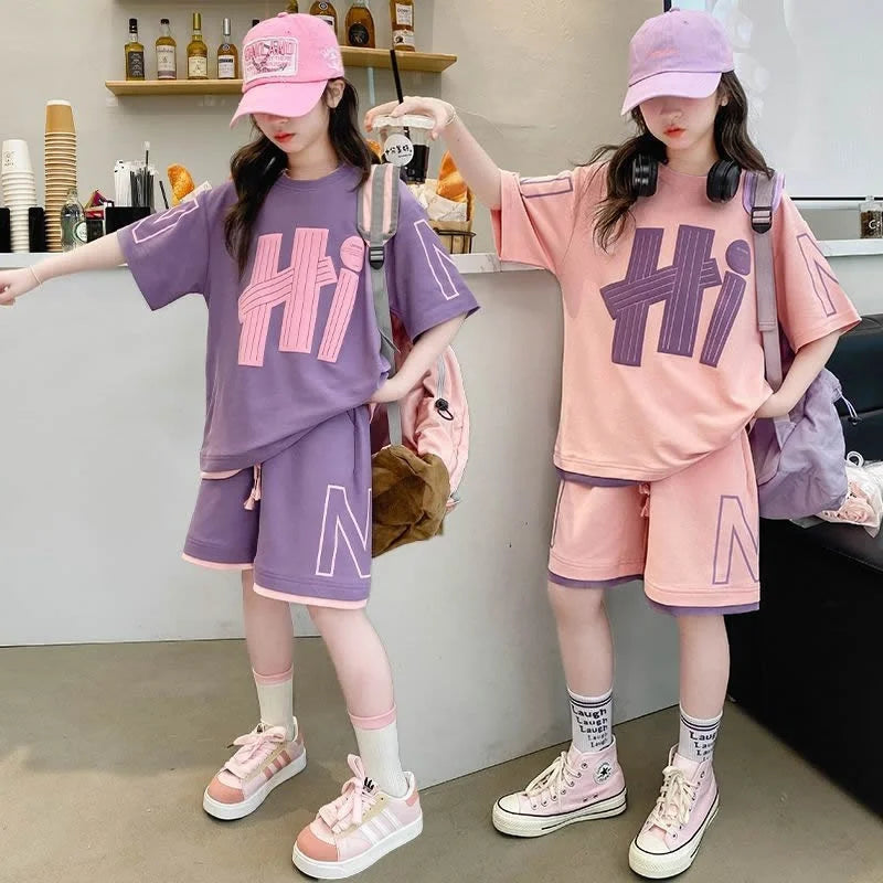 Summer Girls T-Shirt and Shorts Set in Pink and Purple