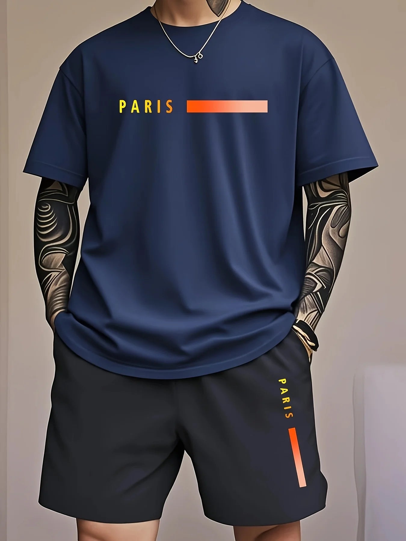 Men's Summer T-Shirt and Shorts Set Casual Relaxed Fit Sporty Crew Neck Short-Sleeve T-Shirt Paris Letter Print Two-Piece Set