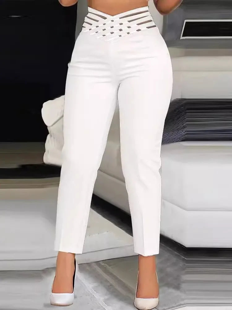 High Waist Hollow Out Black White Skinny Ankle Pants for Women