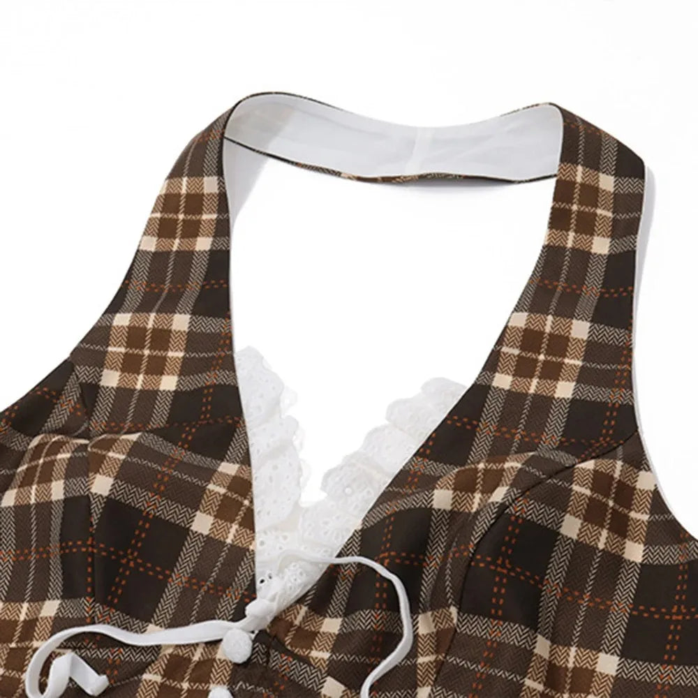 Plaid Print Women's Halterneck Crop Top with Bow Embellishment