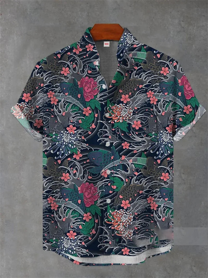 Hawaiian linen shirt men's 3D printed summer loose fit Hawaiian top casual short sleeved lapel shirt men's style