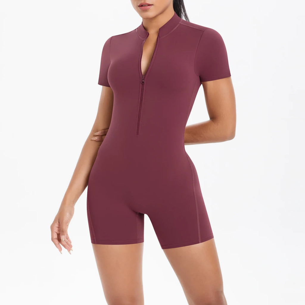 Rooftrellen Women's Short Zipper Gym Jumpsuit for Yoga