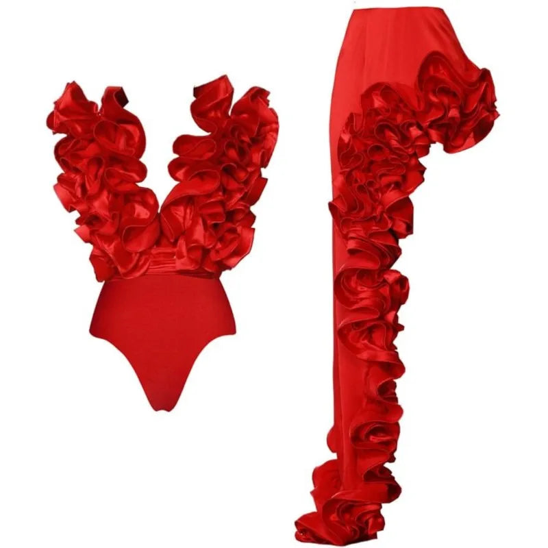 Ruffle Print Bikini Bodysuit Swimwear for Women