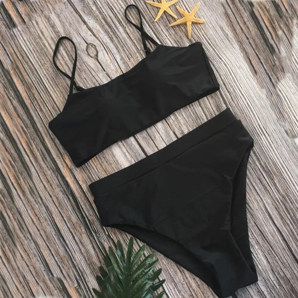Solid Color High Waist Women's Bikini Set by HKOW