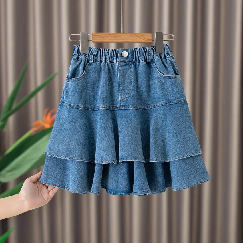 Girls Blue Cotton Denim Ruffle Skirt for Casual Summer Wear