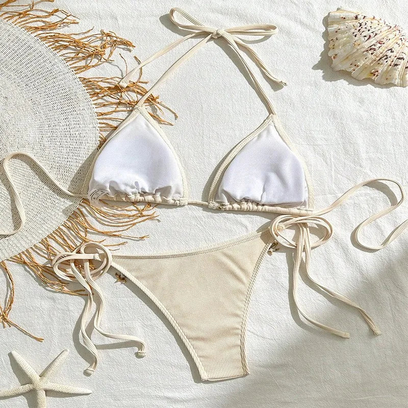 Beige Ribbed Two Piece Bikini Swimsuit for Women