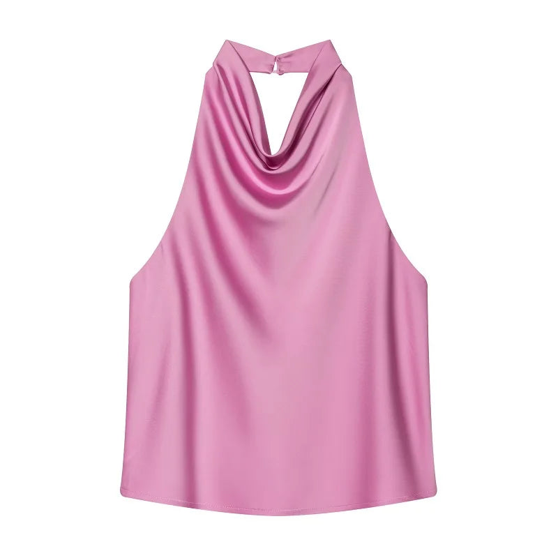 MUJER Black Satin Backless Halter Top for Women Summer Nights
