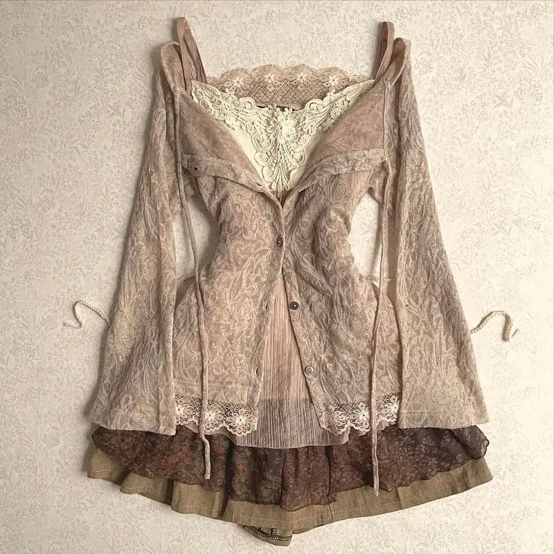 Y2K Vintage Two Piece Dress with Lace Cardigan for Juniors