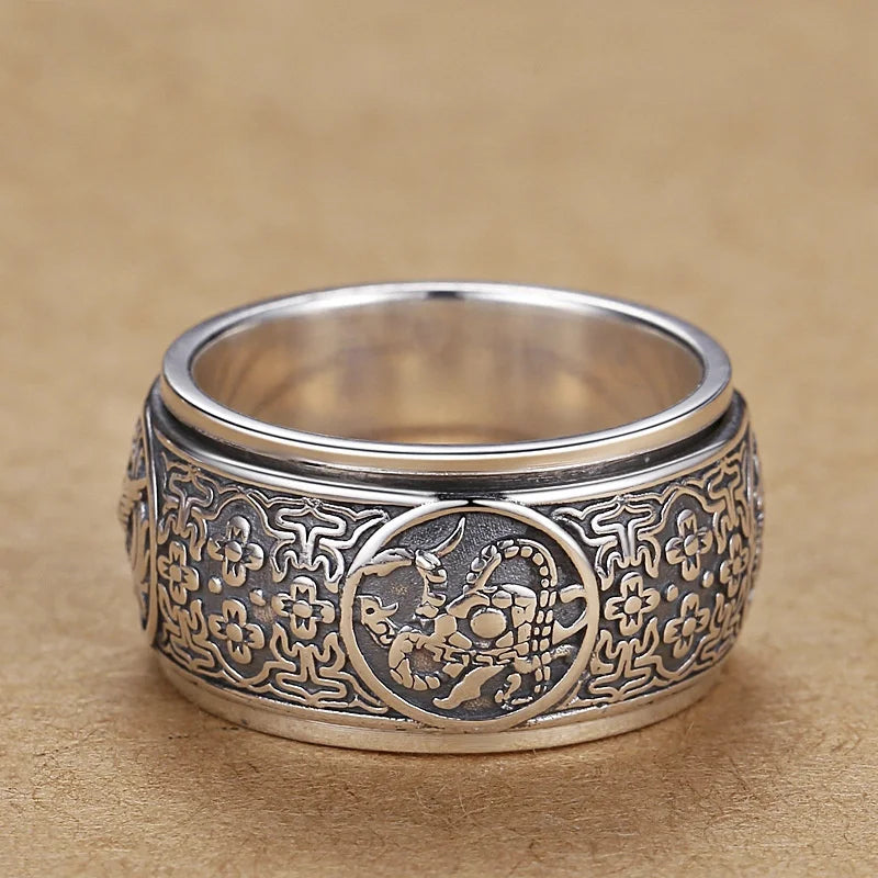 Rotable Powerful Beasts Ring For Men Jewelry Domineering Retro Carving Flower Ring Male Boyfriend Birthday Gift Many Sizes